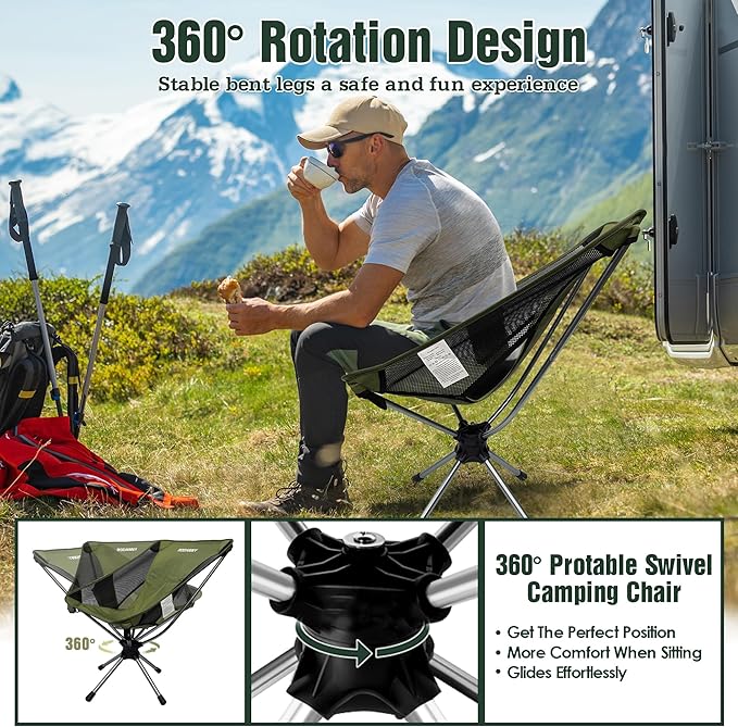 Camping Chairs, 360° Degree Swivel Folding Chairs,Portabl Outdoor Chairs for Travel Hiking Fishing lawns Picnic Hunting,Support 305 LBS,Lghtweight,Green
