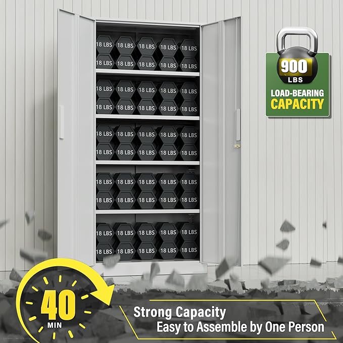 Greenvelly Metal Storage Cabinet with 2 Doors and 4 Adjustable Shelves,72" White Metal Cabinet,Steel Cabinet Locking Cabinets with 2 Keys for Office,Home, Garage, Gym, School