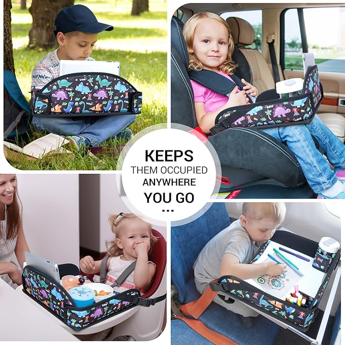 COOLBEBE Kids Travel Tray for Toddler Car Seat, Travel Tray for Airplane, Toddler Car Seat Lap Tray, Carseat Table Tray for Kids Travel Activities (Dinosaur)