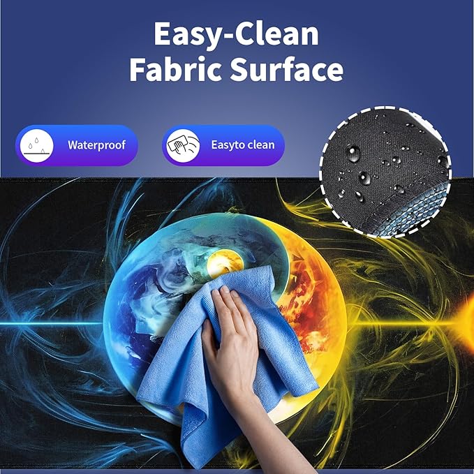 Wknoon. Extra Large Gaming & Office Mouse Pad (31.5" x 11.8") with Durable Stitched Edges – Abstract Yin Yang of Celestial Bodies Yellow Fire and Blue Ice Design, Anti-Slip Extended XXL Desk Mat