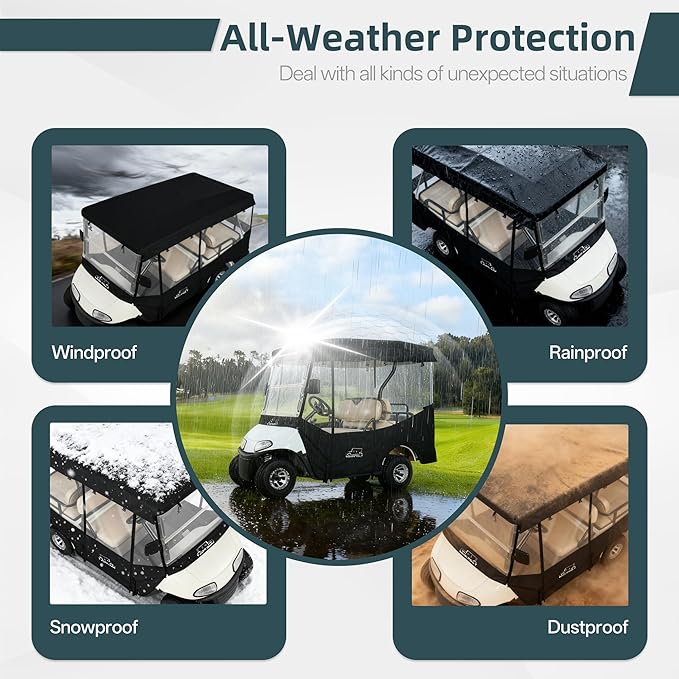 Golf Cart Enclosure Rain Cover 2&4Passenger, EZGO TXT RXV/Club Car Ds&Precedent and Yamaha, 600D Rain Cover Waterproof Windproof Snowproof and All-Weather Protection