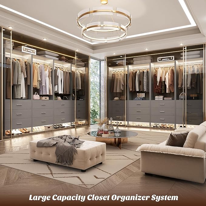 Aheaplus Closet System Closet Organizer, Wood Closet Organizer System, Walk-in Closet or Small Closets Wardrobe, Clothes Rack with Hanging Rods, 4FT Closets, Set of 2, , Grey