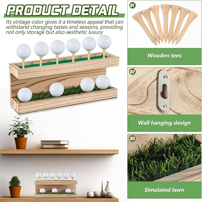 Menkxi Rustic Wood Golf Ball Holder 12.5 x 3 Inch Wall Mounted Vintage Display Stand Floating Shelf with Golf Tees for Christmas Storage Party Decor Supplies