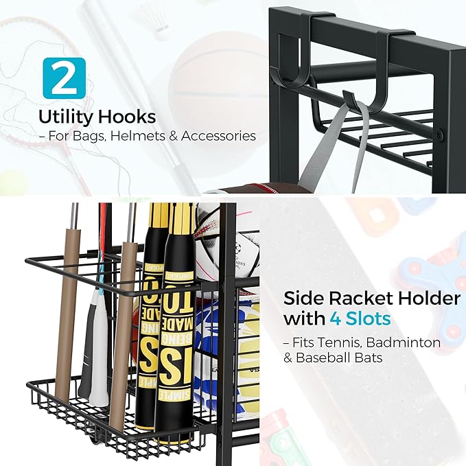 Sports Equipment & Toy Storage Rack with Wheels, 3-Tier Ball Organizer for Balls, Rackets & Sports Gear, Large Capacity with Racket Slots & Hooks, for Garage, Home Gym or Backyard – 23" W
