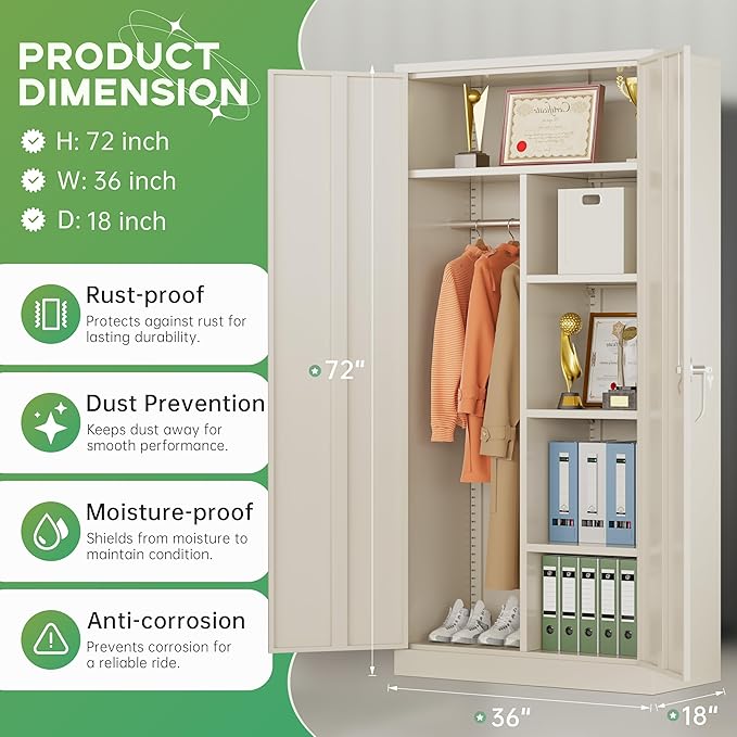 INTERGREAT Metal Wardrobe Closet, 72" Locking Storage Wardrobe Cabinet with Doors and Shelves, 18" D x 36" W Steel Clothes Storage for Office, Home, School, Gym (Warm Grey)