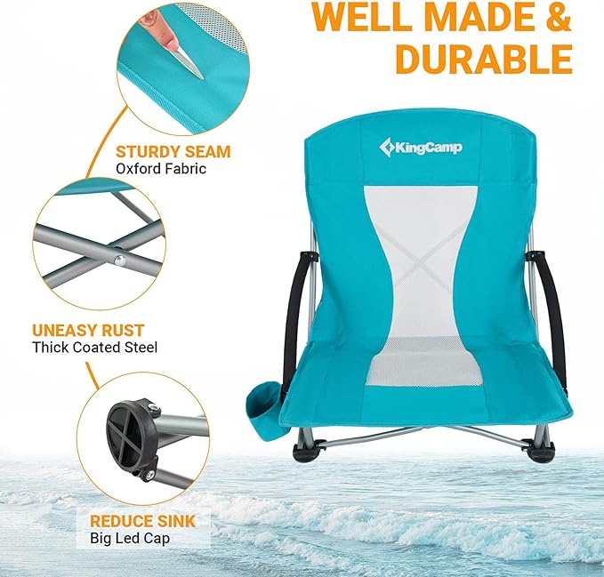 KingCamp Low Beach Chairs, Folding Portable Chair for Adults Lightweight Extra Wide Seat 300lbs Heavy Duty Oversized Backpack, Carry Bag for Camping