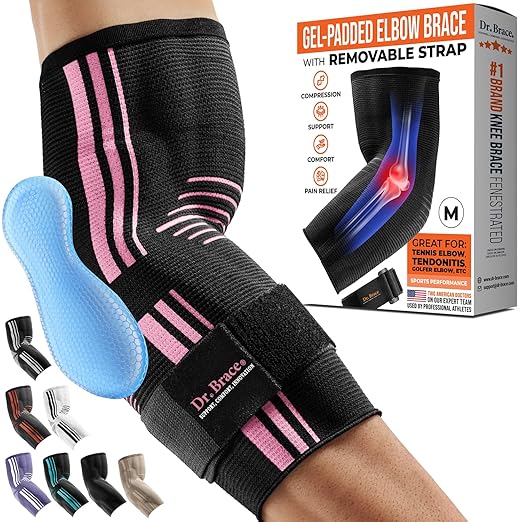 DR. BRACE® Elite Elbow Brace Support, Breathable Elbow Compression Sleeve with Gel Pad for Golfer's, Tennis Elbow & Tendonitis Treatment & Pain Relief 2024 (Black-Pink, Medium)