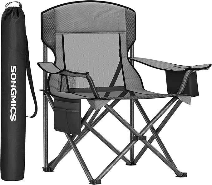 SONGMICS Camping Chair, Folding Lawn Chair with Cooler Bag, 352 lb Weight Capacity, Adjustable Armrests with Cup Holder, Storage Bag, Breathable Nylon Mesh, for Sports Games, Slate Gray UGCB060G01