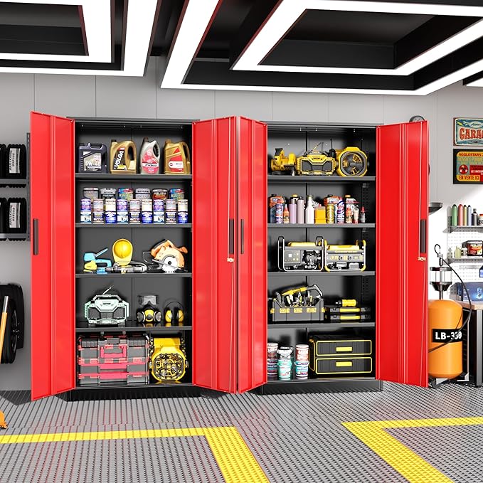Greenvelly Metal Garage Storage Cabinet with Lock, 72" Metal Storage Cabinet with 2Doors and 4Adjustable Shelves, for Home Office, School,Gym (Black&Red)
