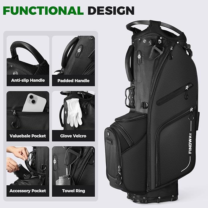 Findway 14 Way Golf Stand Bag, Lightweight Golf Bag with Stand for Men Women, Golf Club Carry Bag with Dual Strap, Full Length Dividers, Multiple Pockets, Golf Ball Holder