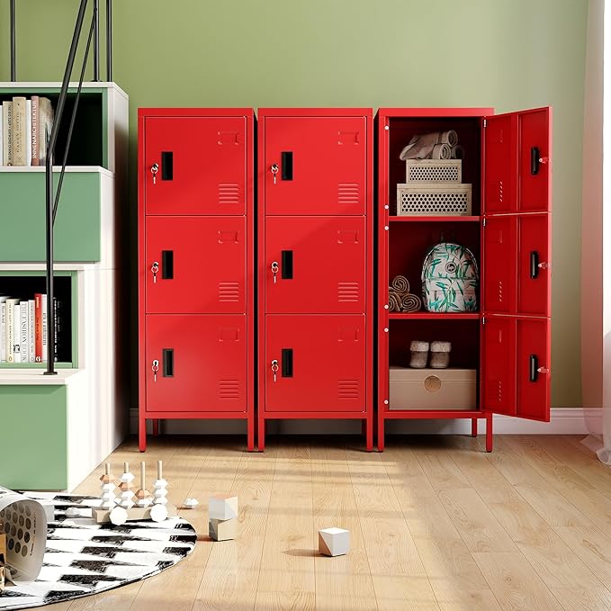 Aobabo 16" W 3 Door Metal Storage Locker with Lock, 47" H Steel Locker with Name Card Holder and Metal Leg for School, Home, Office, Playroom, Assembly Required, Red