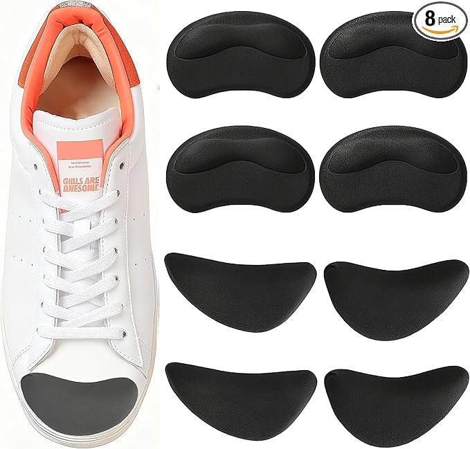 8 Pcs Shoe Fillers & Heel Pads for Loose or Too Big Shoes – Toe Cushions & Heel Grips for Women and Men, Comfort Insoles for Heels, Sneakers, Boots – Pain Relief & Better Fit(Black)