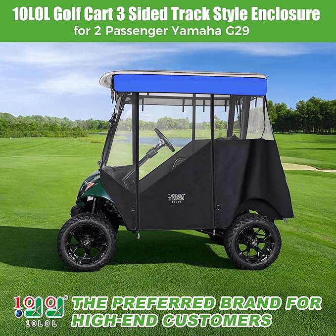 10L0L 3-Sided Track Style Golf Cart Enclosure fit 2 Passenger Yamaha G29 Drive,Waterproof 600D Oxford Cloth Yamaha Rain Cover with Aluminum Pre-Drilled Track,Clear PVC Windshield-Blue Valance