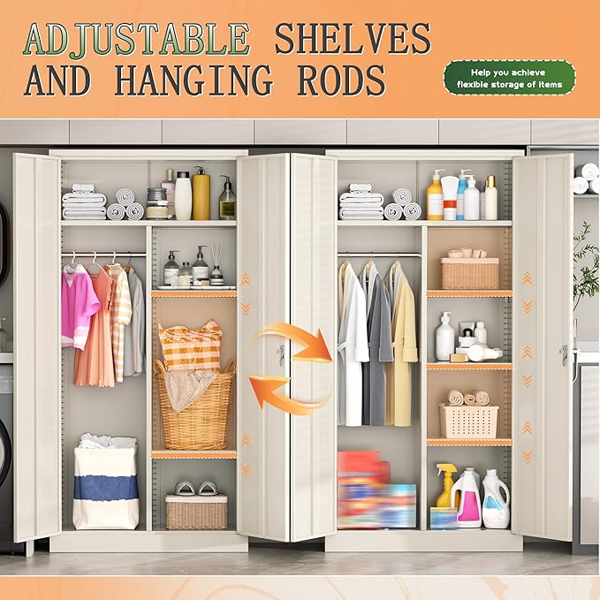 Greenvelly Metal Wardrobe Cabinet with Lock Door, 72" Metal Wardrobe Closet with Hanging Rods and Adjustable Shelves, Clothing Storage Closet Cabinet for Home, Office, Employee, Gym (Grey)