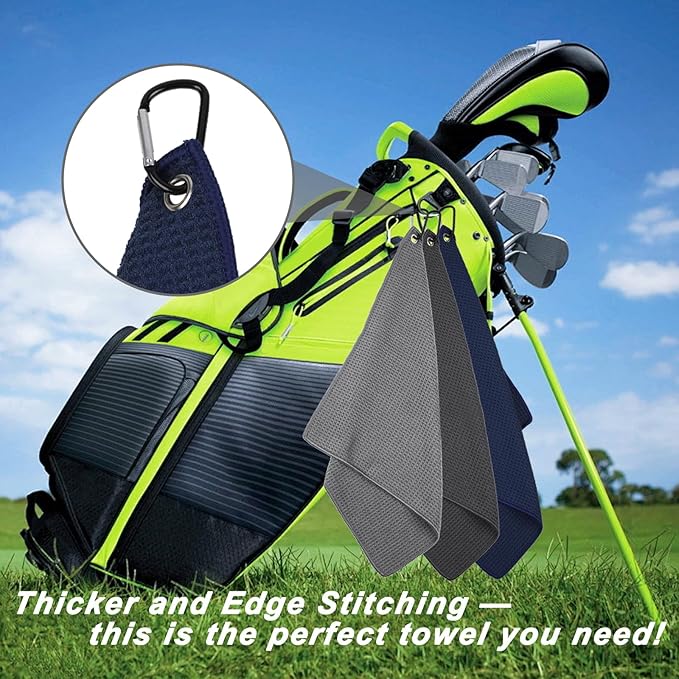 3 Pack 16" X 16" Waffle-Pattern Golf Towels with Carabiner Clip, Super Absorbent Microfiber, Navy Blue, Dark Grey, Light Grey