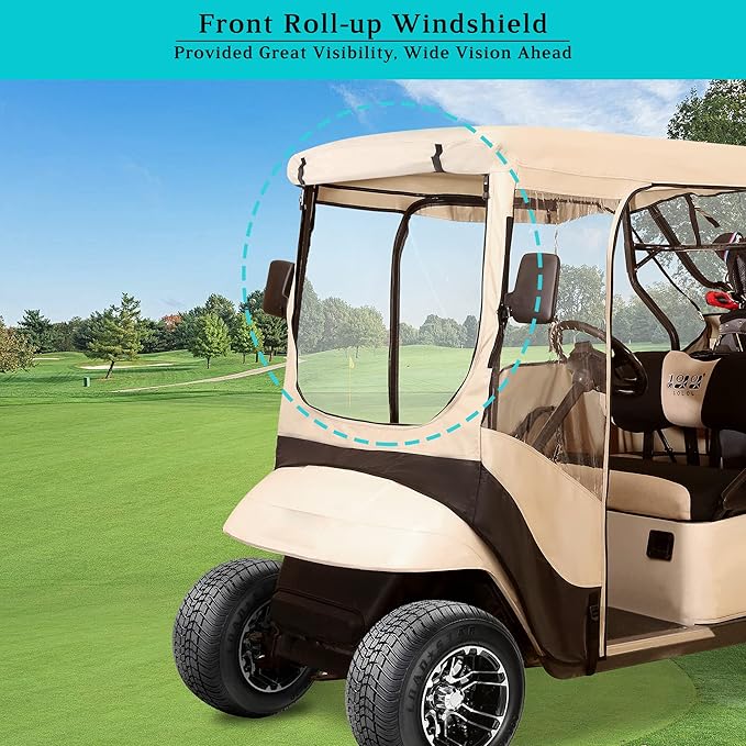 10L0L 2/4 Passenger Golf Cart Driving Enclosure for EZGO TXT/RXV Model, 4-Sided Clear Window 600D Rain Cover All Weather Windproof Waterproof - Black/Beige