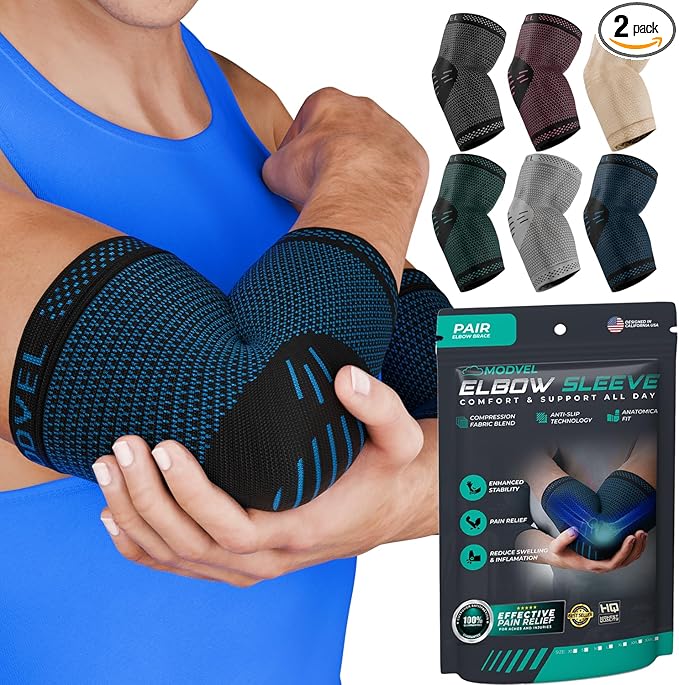 Modvel 2 Pack Elbow Brace - Golfer's Elbow Compression Sleeve Support for Joint Pain Relief, Recovery, Tendonitis Braces, Tennis Elbows Brace For Men & Women, Workout & Weightlifting Arm Wrap, Blue