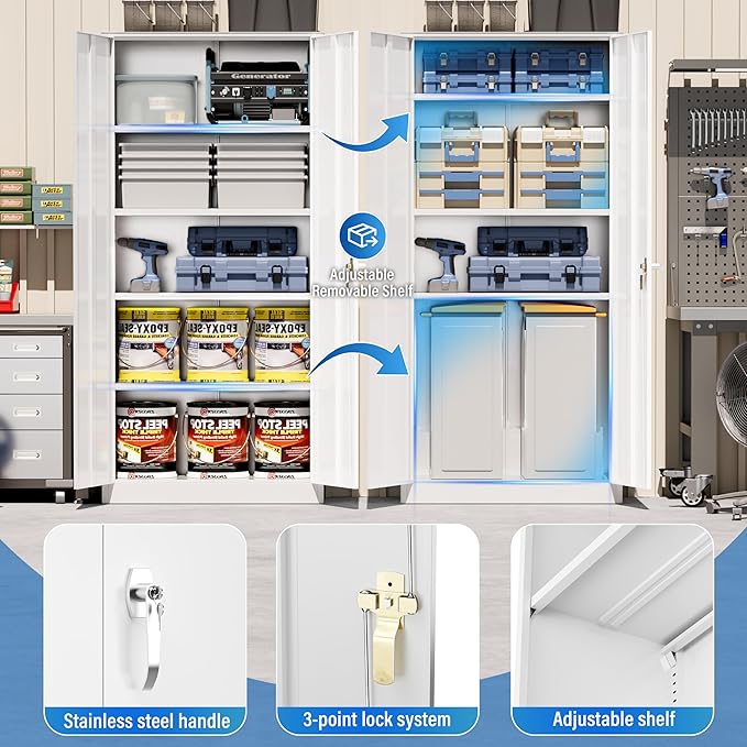 Greenvelly Metal Storage Cabinet - 72" Steel White Cabinet with 2 Doors and 4 Adjustable Shelves, Lockable - Perfect for Garage, Home Office, Pantry