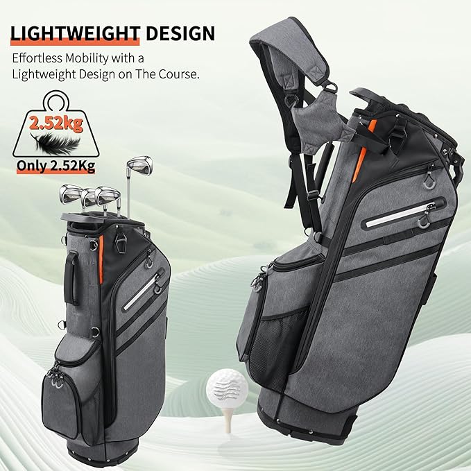 Golf Stand Bag 14 Way Full-Length Dividers with Stand, Lightweight Golf Bag for Men, 7 Pockets, Dual Strap, Rain Hood, Portable Golf Club Bag for Men Women, Gray/Black