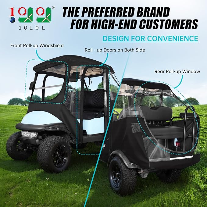 10L0L 4 Passenger Golf Cart Driving Enclosure for Club Car Precedent with Short Roof Up to 57", 4-Sided Clear Window 600D Rain Cover All Weather Windproof Waterproof-Black