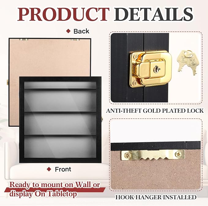 Golf Bag Tag Collection Display Case Holds 40 Bag Tags 16.54 x 15.35 x 1.77 Inch Wall Mount Wooden Shadow Box W/98% UV Acrylic Door Lockable Storage Display Box for Collection(Black, Grey)