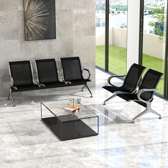 kinbor Waiting Room Chairs - Durable Black Reception Bench with Armrests, 5-Seat Office Reception Guest Chairs for Office, Hospital, Airport, Bank & Lobby