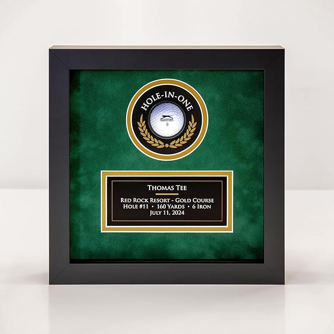 MASTERPIECE FRAMING + IMAGING Hole-in-One Golf Display Case Frame for Ball & Printed Graphic Info Insert (Sport, Green Suede)