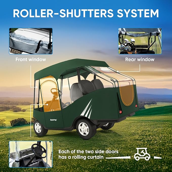 Rosefray Golf Cart Enclosure, 2+2 Drivable Rain Cover, Short Roof 58" - EZGO, Club Car - Durable Door Zipper - 4 Seater Golf Cart Cover Glowing at Night