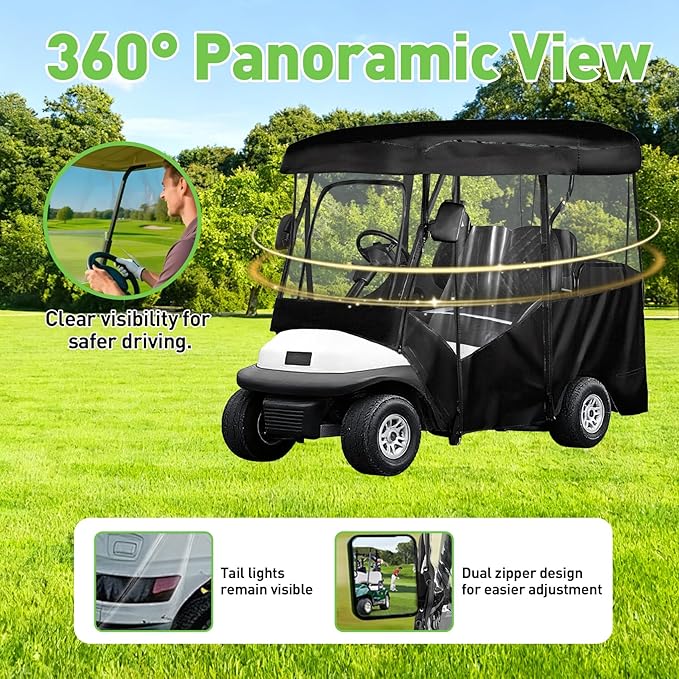 Golf Cart Enclosure 4 Passenger for 86-88" Roof, 600D Waterproof Driving Rain Cover, Replace for Yamaha/Club Car/EZGO, Roll-Up Door, 4-Sided Clear PVC Windows, Tail Light Visible