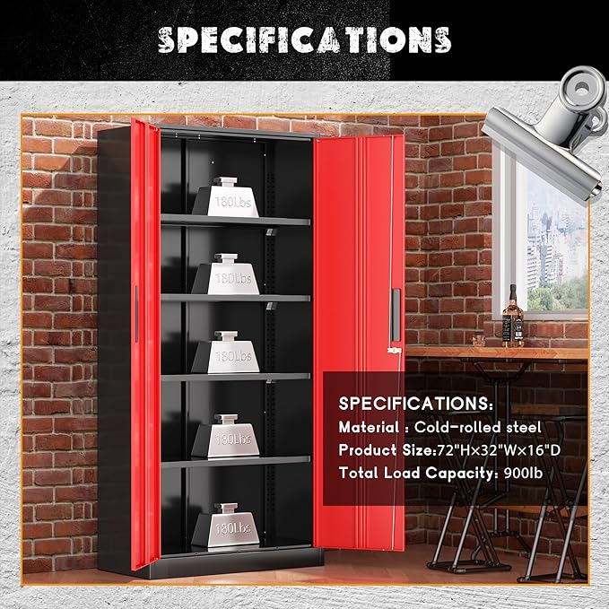 Greenvelly Metal Garage Storage Cabinet with Lock, 72" Metal Storage Cabinet with 2Doors and 4Adjustable Shelves, for Home Office, School,Gym (Black&Red)