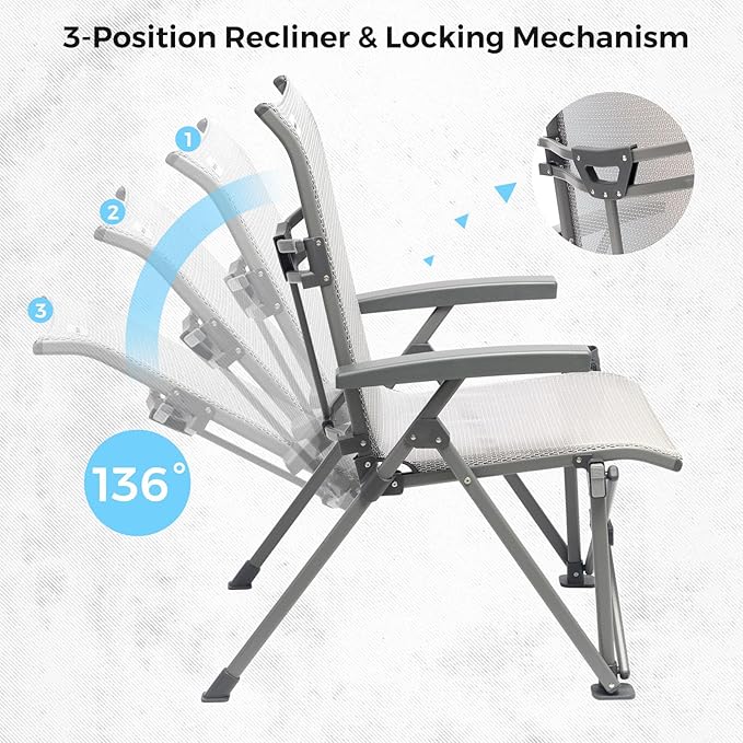 SUNNYFEEL 3-Position Recliner High-Back Camping Chair, Heavy Duty 500lbs Folding Chair with Hard Armrests & Cup Holder, Grey Ergonomic Chairs TPEE Breathable Mesh for Outdoor, Camp, Beach, Travel