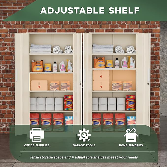 Greenvelly Metal Storage Cabinets, 72” Steel Garage Storage Cabinet with Doors and 4 Shelves, Metal Tool Cabinet, Steel Filing Cabinet for Home Office, Basement, Garage, School(Grey)