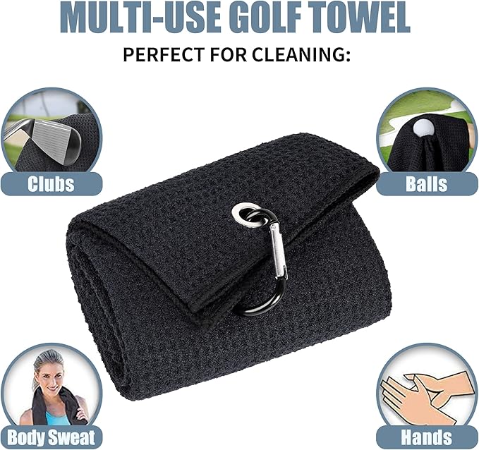 Mile High Life Microfiber Golf Towel, 21" X 24", Waffle Pattern w Clip, Super Absorbent Tri-fold Large Towels, Golf Bag Accessories for Men & Women（Black）