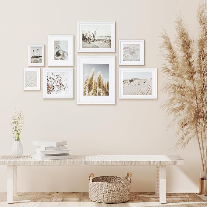 ArtbyHannah Gallery Wall Frame Set, 8 Pack Picture Frames Collage Wall Decor with Neutral Pampas Grass Art for Living Room, Assorted Size Including 11"x14", 8"x10", 5"x7"(White Frame)