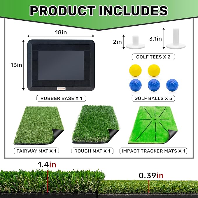 Golf Hitting Mats Training Equipment, Golf Practice Mat with Instant Swing Path Feedback, 3 Replaceable Golf Training Mats with No-Slip Heavy Duty Rubber Base