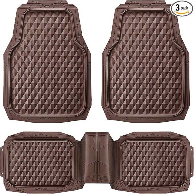 CAR PASS Heavy Duty Rubber Car Mats, Deep Dish All-Weather Floor Mat for Car Full Set Durable Anti-Slip 3D Rhombus Waterproof Trim to Fit Liner Universal Fit Automotive,Sedan,SUV,Truck, 3 Piece Brown