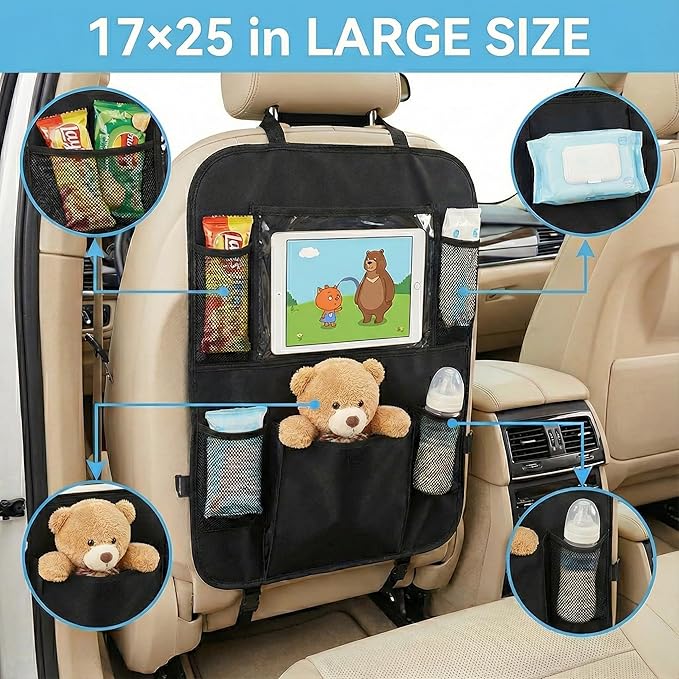 Car Backseat Organizer with 12" Touch Screen Tablet Holder, 600D Waterproof Kick Mats Back Seat Protector, Travel Storage Accessories for Kids Toddlers Road Trip Essentials, Black