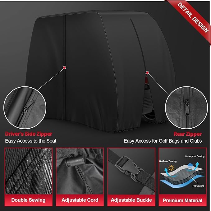 Comnova Golf Cart Cover 2 Passenger - 600D Waterproof Golf Carts Enclosure with Zipper, Windproof & UV Resistant, Outdoor Golf Cart Cover Universal Fit EZGO, Club Car, Yamaha up to 95"L x 48"W x 66"H