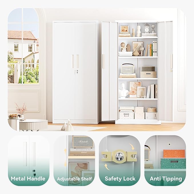 Greenvelly 63" H Metal Storage Cabinet White, Locking Metal Cabinet, Store Tools, Clothes, Tableware and Toiletries, Garage Cabinets with Adjustable Shelves for Office, Home, Garage, Pantry