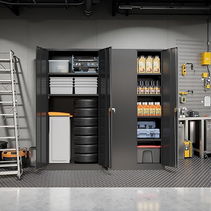 Pataku 71'' Metal Storage Cabinet, Garage Storage Cabinet with 2 Doors and 4 Adjustable Shelves, Steel Lockable Storage Cabinet, Black File Cabinets for Home, Office, Warehouse