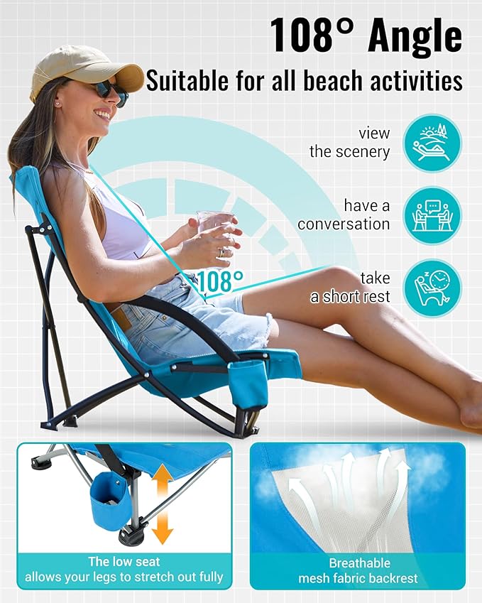 KingCamp Low Beach Chairs, Folding Portable Chair for Adults Lightweight Extra Wide Seat 300lbs Heavy Duty Oversized Backpack, Carry Bag for Camping
