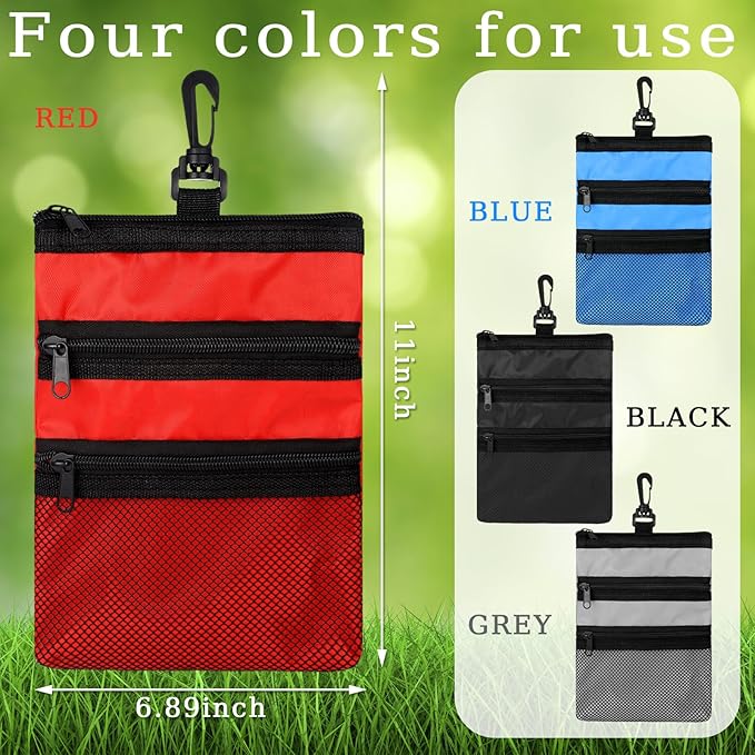 4 Pcs Golf Tee Holder 3 Zippered Golf Pouch Bag for Valuables Portable Ball Accessory Pouch for Men with Clip to Bag for More Storage, Easy Access, Black, Red, Blue, Gray
