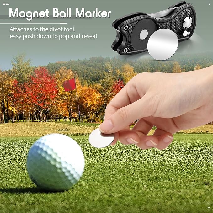 Skylety 4 Pcs Golf Divot Repair Tool Metal Foldable Golf Divot Tool with Magnetic Pop-up Button Ball Marker Stainless Steel Switchblade for Golfers Prizes
