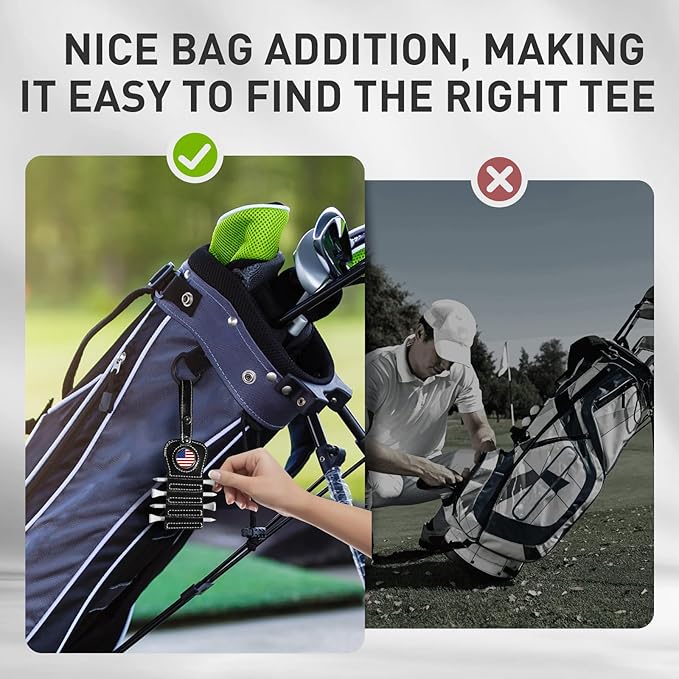 Golf Tee Holder with USA Ball Marker 4 Pcs White Wood Tees, Portable Hold Different Tee Leather Gift Hook Hanging Clip to Golf Bag Belt