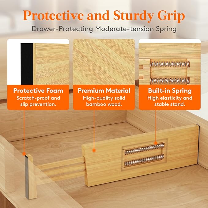 Lifewit 5 Pack 4" High Bamboo Drawer Dividers, 12-16" Adjustable Drawer Organizers for Clothes, Wood Dresser Drawer Divider, Expandable Deep Drawer Separators for Dresser, Kitchen, Bedroom, Bathroom