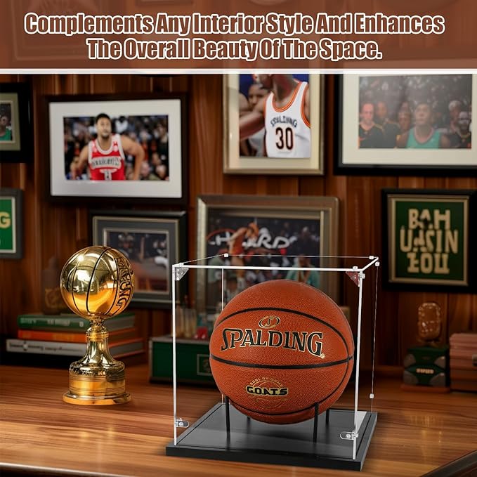 Basketball Display Case Acrylic Clear, UV Protected Basketball Box with Solid Wood Base & Full Size Soccer Display Stand for NBA WNBA Ball Memorabilia Keepsake, Ideal Gift, Black
