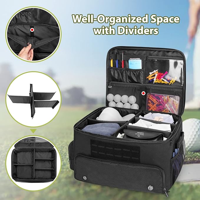 Golf Trunk Organizer Storage with Separate Compartment for 2 Pair Shoes Up to US Mens 16, Golf Car Locker Organizer for Balls, Tees, Clothes, Gloves, Accessories, Black