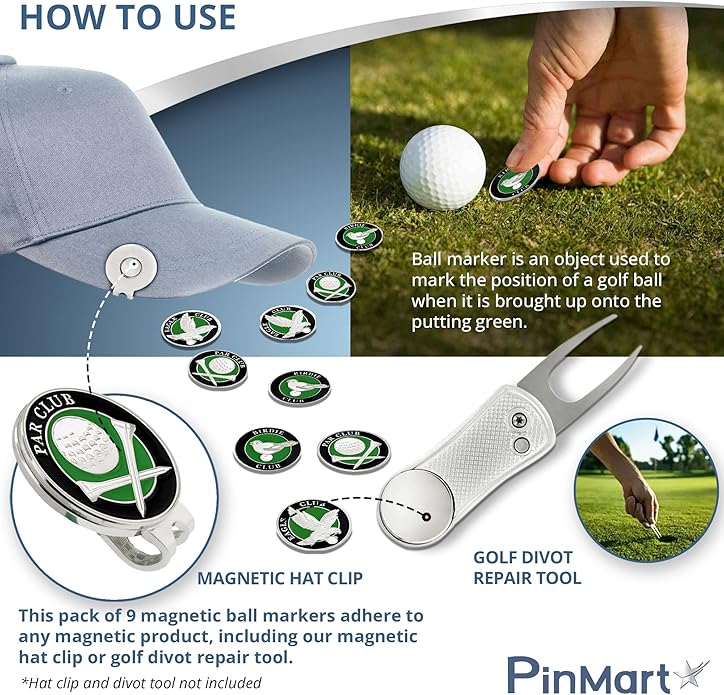 PinMart’s Mix Bundle Pack of 9 Golf Ball Markers - Golf Accessories for Men and Women – United States Eagle and American Flag Magnetic Ball Markers Set of 9