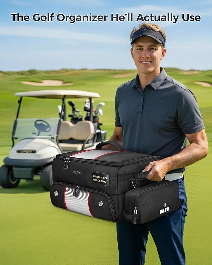 YOREPEK Upgraded Golf Trunk Organizer, Christmas Gifts for Golfers, with Removable Insulated Pouch&Dust-Proof Protective Layer, Multi-Compartment fits 2 Pairs of Shoes, Golf Accessories
