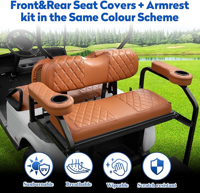 NOKINS Golf Cart Seat Covers for EZGO TXT 1994-2013/EZGO RXV, Vinyl Front&Rear Seat Cover with Flip-Up Armrests kit, with Cup Holder, for 1" Square Tube (All Brown)